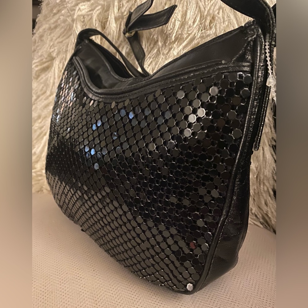 Bueno Black Sequin Shoulder Bag | Y2K Metallic Mesh Purse | Evening Crossbody - Picture 4 of 6